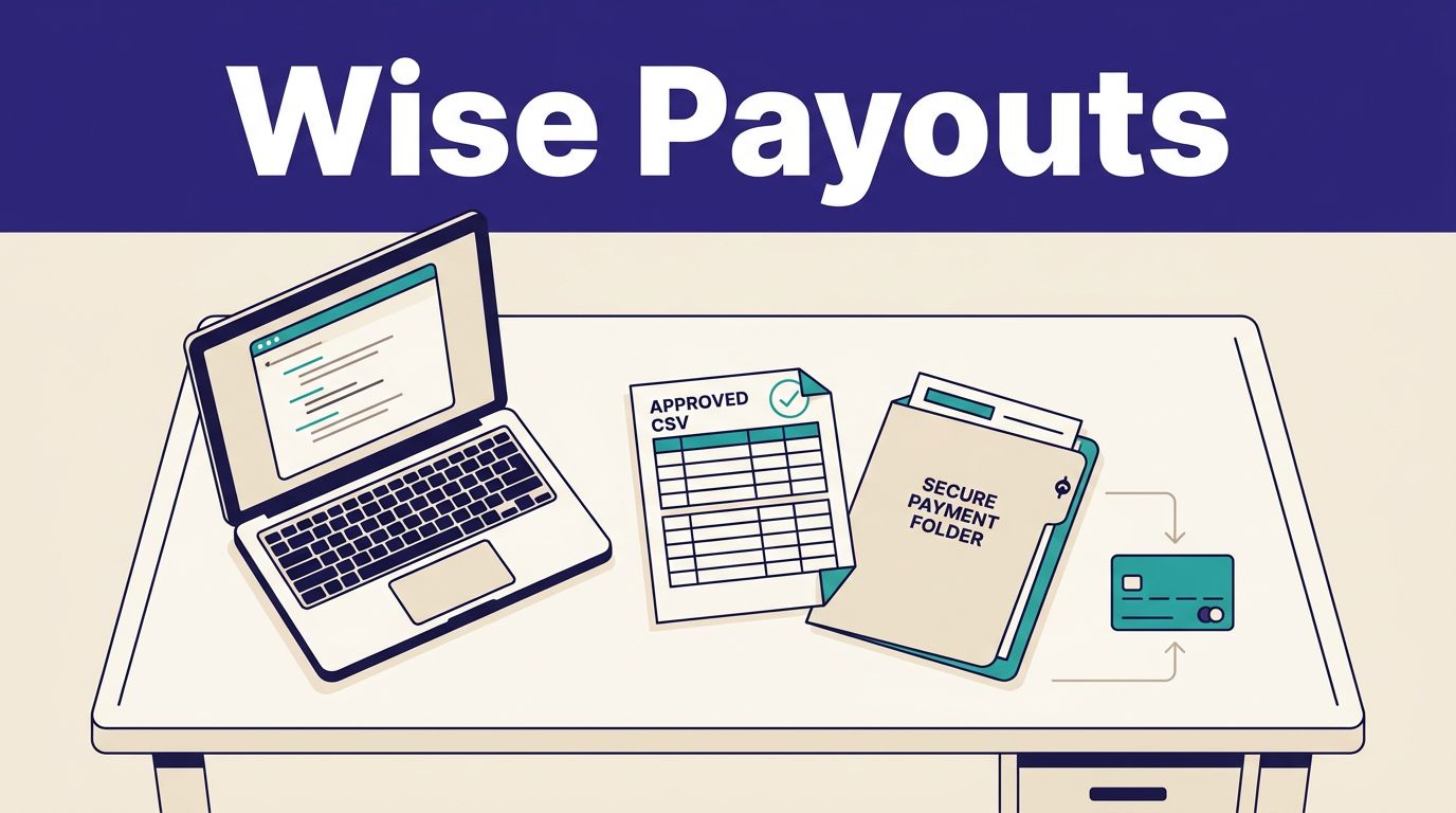 Laptop, payout sheet, payment folder, and arrows leading to a bank transfer card.
