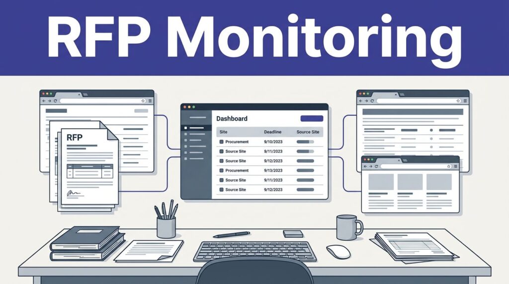 RFP documents and browser windows connect to a deadline dashboard beneath an indigo header.