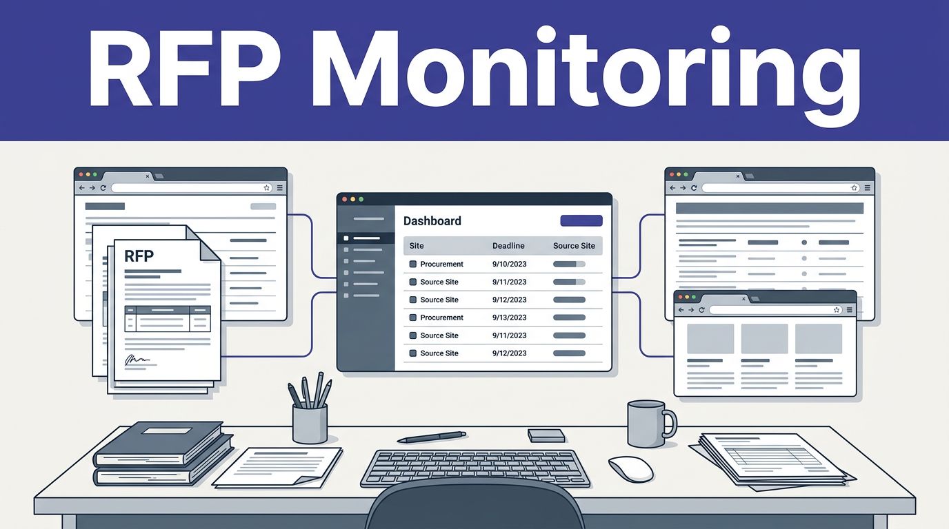 RFP documents and browser windows connect to a deadline dashboard beneath an indigo header.