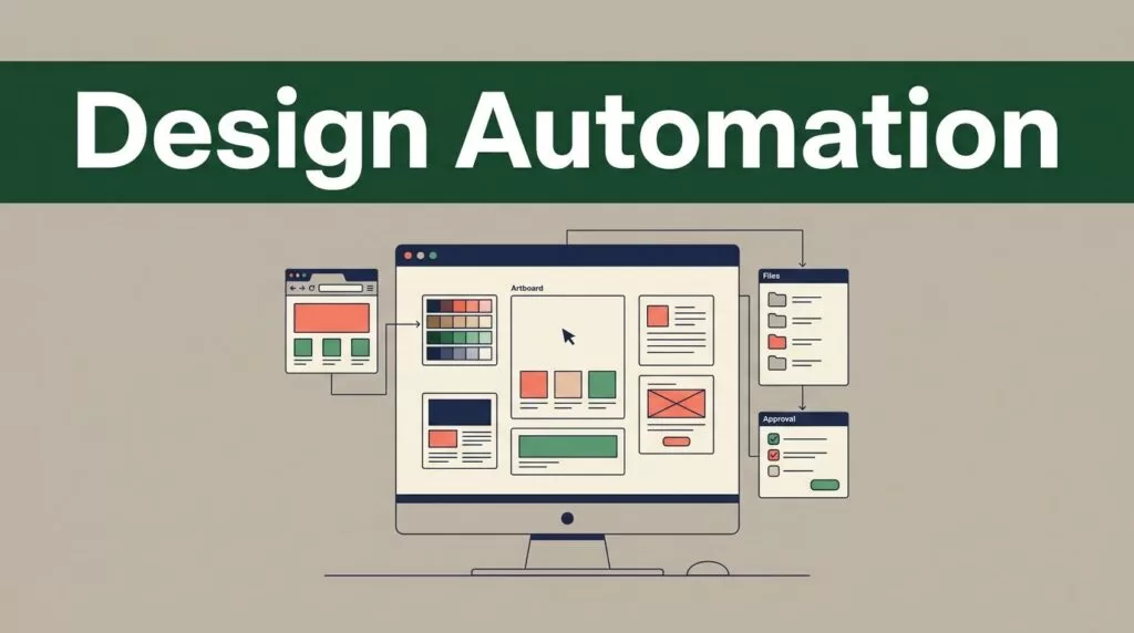 A graphic design workstation with an artboard, color swatches, layout cards, and connected workflow panels.