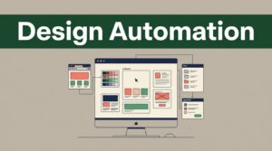 A graphic design workstation with an artboard, color swatches, layout cards, and connected workflow panels.
