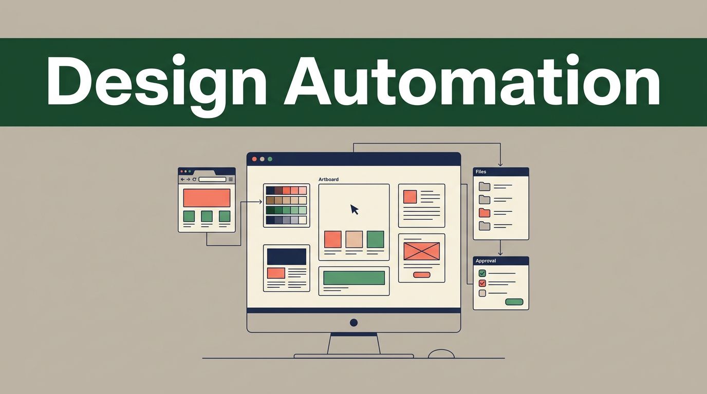 A graphic design workstation with an artboard, color swatches, layout cards, and connected workflow panels.