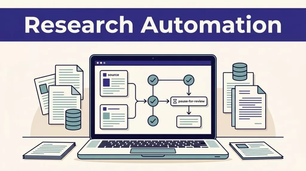 Laptop showing a structured research workflow beside papers and database symbols.
