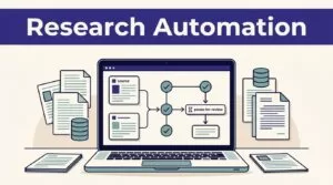 Laptop showing a structured research workflow beside papers and database symbols.