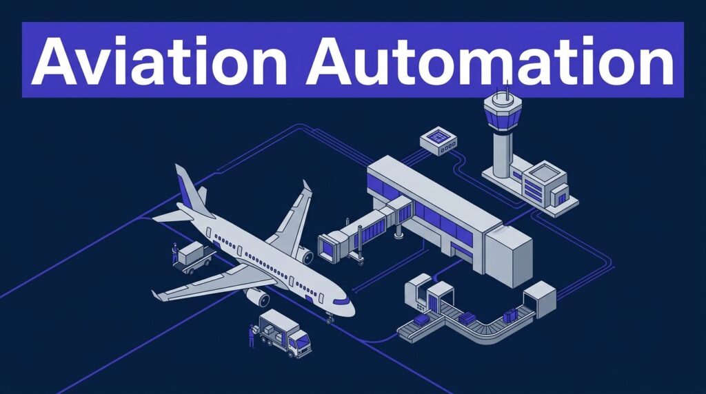 Isometric airport hub with an aircraft, service vehicles, baggage conveyor, and connected data lines.