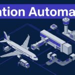 Isometric airport hub with an aircraft, service vehicles, baggage conveyor, and connected data lines.