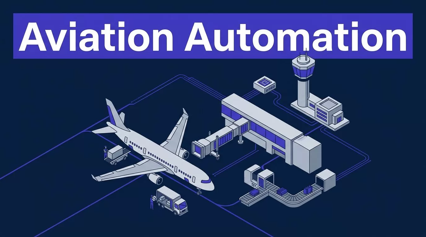 Isometric airport hub with an aircraft, service vehicles, baggage conveyor, and connected data lines.
