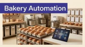 A tablet beside fresh loaves in an organized bakery production room.