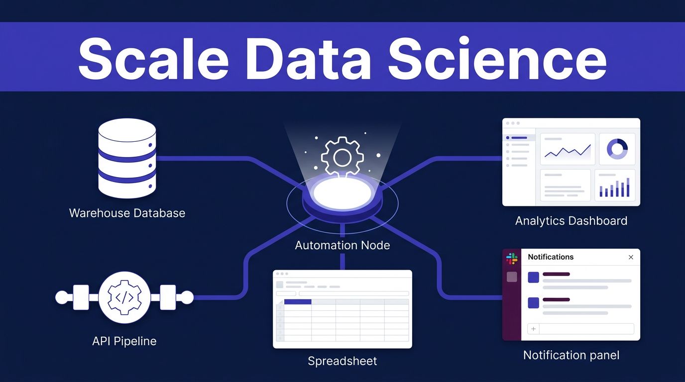 An indigo automation hub connects databases, APIs, spreadsheets, dashboards, and notifications.