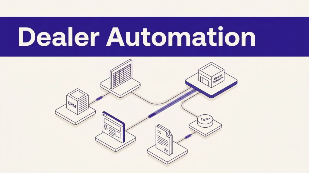Dealer automation workflow connecting CRM, spreadsheets, portals, documents, and approvals.