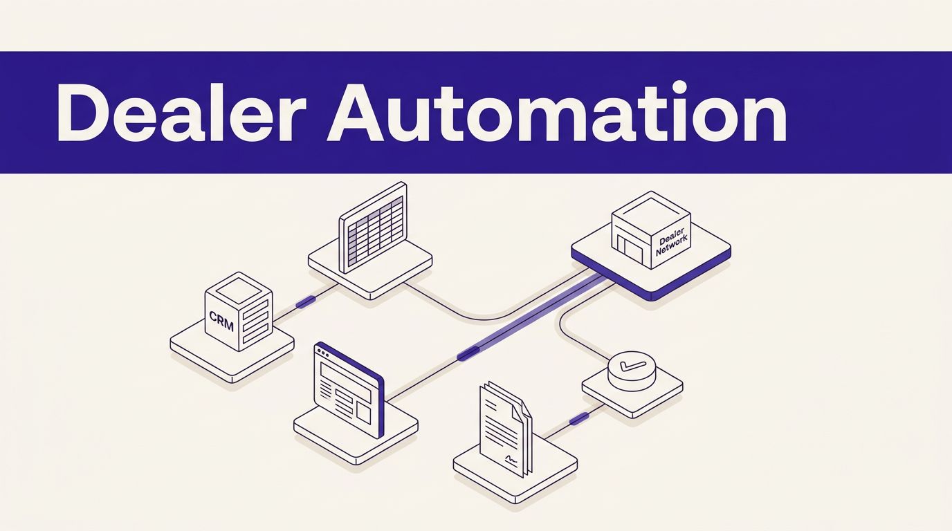 Dealer automation workflow connecting CRM, spreadsheets, portals, documents, and approvals.