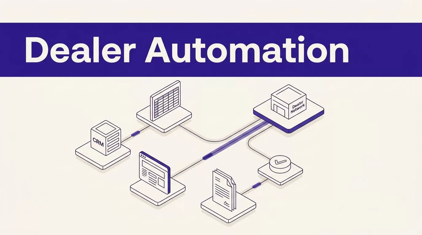 Dealer automation workflow connecting CRM, spreadsheets, portals, documents, and approvals.