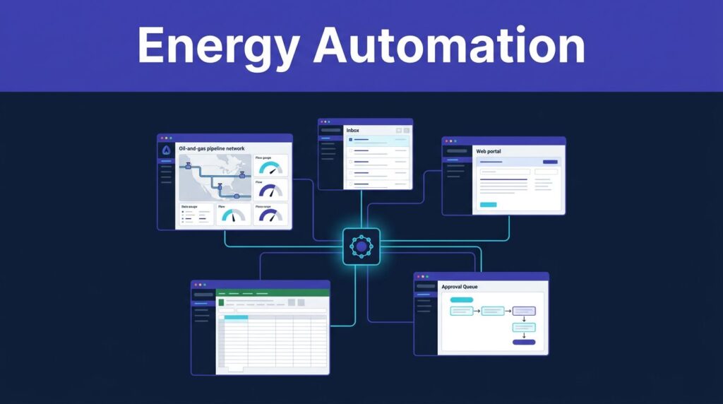 Energy control room graphic showing a workflow hub connected to dashboards and business tools.