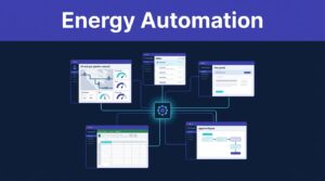 Energy control room graphic showing a workflow hub connected to dashboards and business tools.