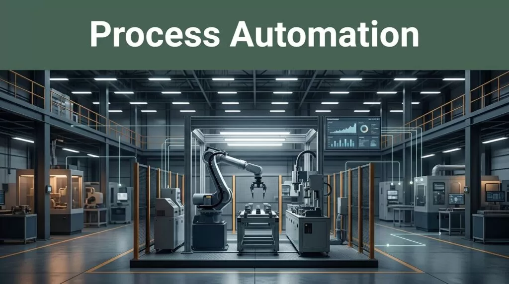 A robotic assembly cell in a modern factory with connected data lines and a dark green headline band.
