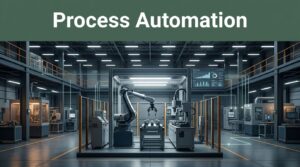 A robotic assembly cell in a modern factory with connected data lines and a dark green headline band.