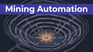 Open-pit mine with autonomous trucks traveling along glowing routes to a central operations hub.