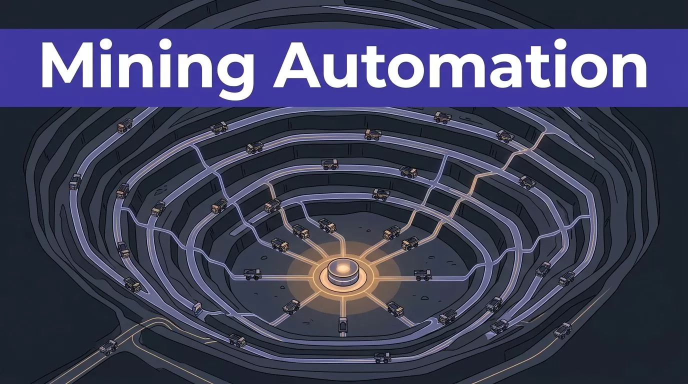 Open-pit mine with autonomous trucks traveling along glowing routes to a central operations hub.