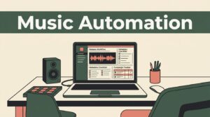 Laptop showing a music release workflow beneath a green Music Automation banner.