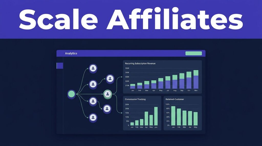 Analytics dashboard showing referrals, commissions, and recurring revenue charts.