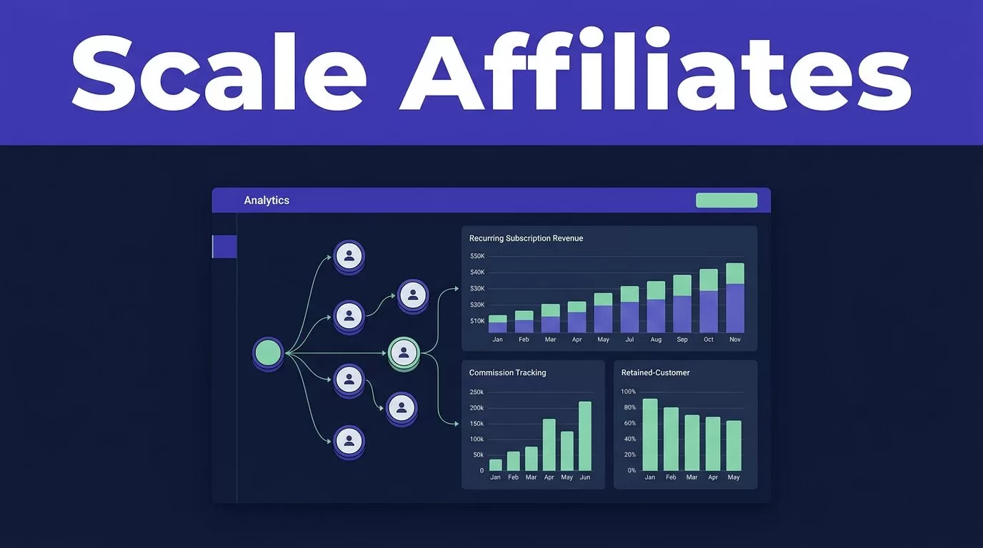 Analytics dashboard showing referrals, commissions, and recurring revenue charts.