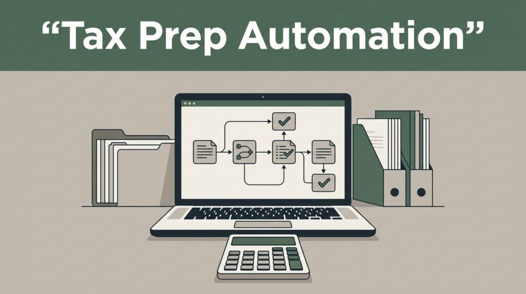 Tax workspace with folders, a workflow laptop, and a foreground calculator.