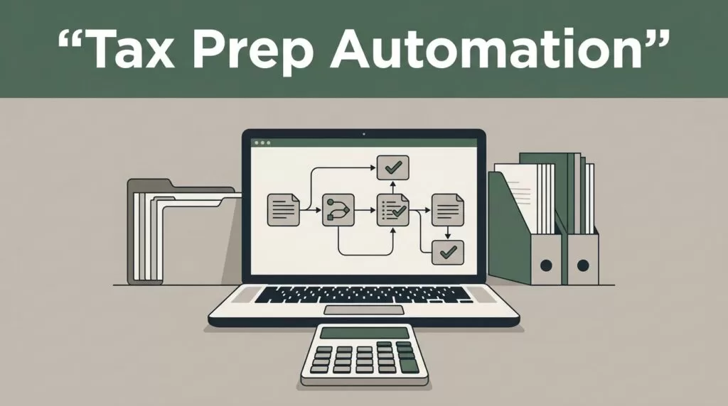 Tax workspace with folders, a workflow laptop, and a foreground calculator.
