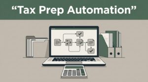 Tax workspace with folders, a workflow laptop, and a foreground calculator.