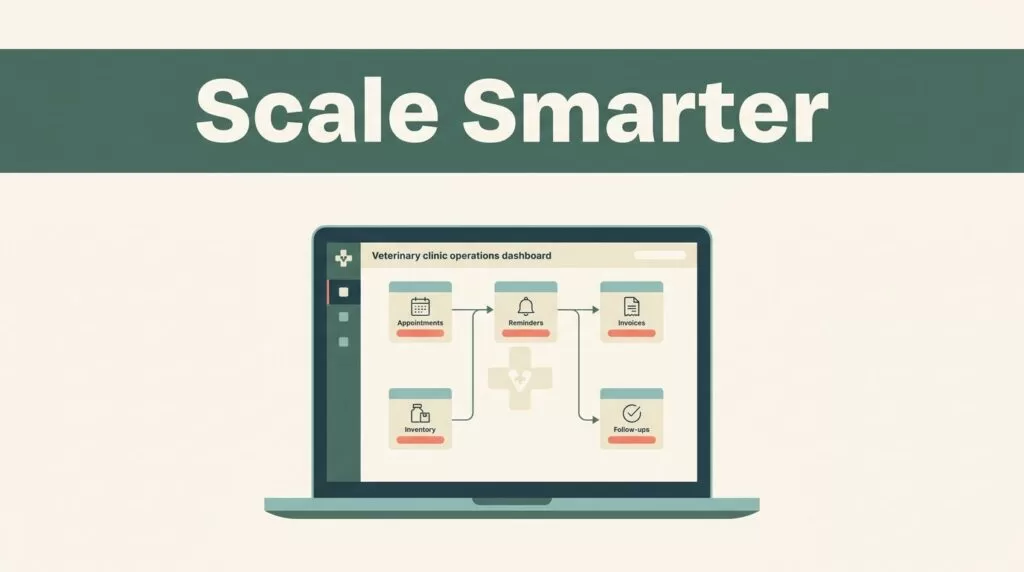 Laptop showing connected veterinary clinic workflows beneath a green “Scale Smarter” banner.