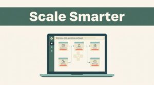 Laptop showing connected veterinary clinic workflows beneath a green “Scale Smarter” banner.