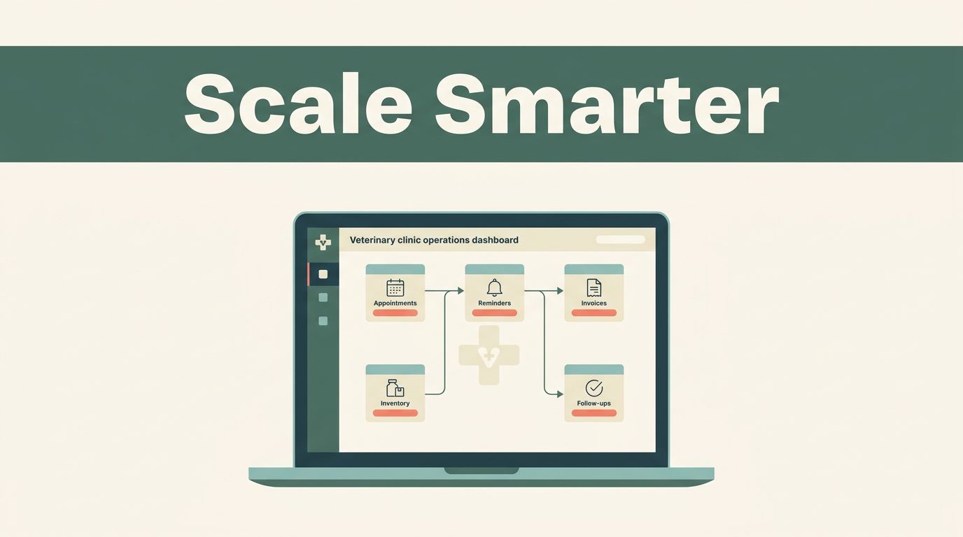 Laptop showing connected veterinary clinic workflows beneath a green “Scale Smarter” banner.