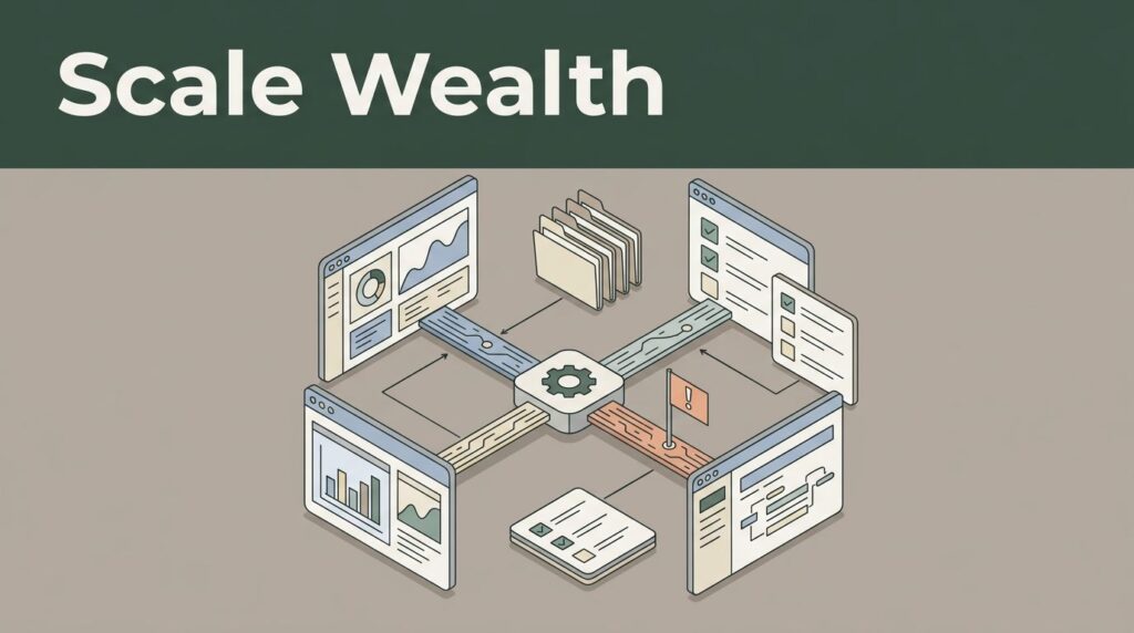 Isometric wealth management workflow with connected files, checklists, and an exception flag.