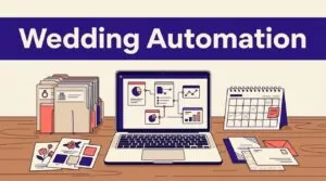 Wedding planner workspace with a laptop, folders, calendar, floral swatches, and invitations.