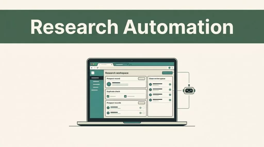 Laptop showing a research dashboard with prospect records, duplicate checks, and a review queue.