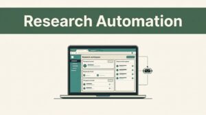 Laptop showing a research dashboard with prospect records, duplicate checks, and a review queue.