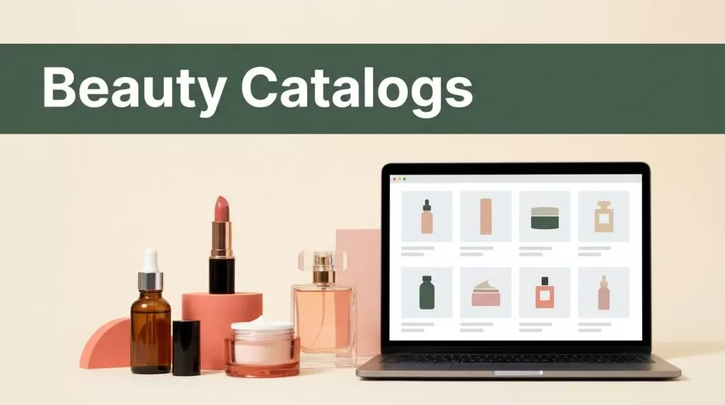 Beauty products sit beside a laptop displaying a product catalog grid.
