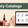 Beauty products sit beside a laptop displaying a product catalog grid.