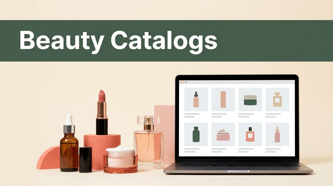 Beauty products sit beside a laptop displaying a product catalog grid.