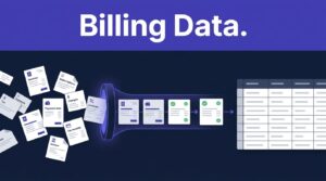 Billing records flow into an organized table through a glowing data pipeline.