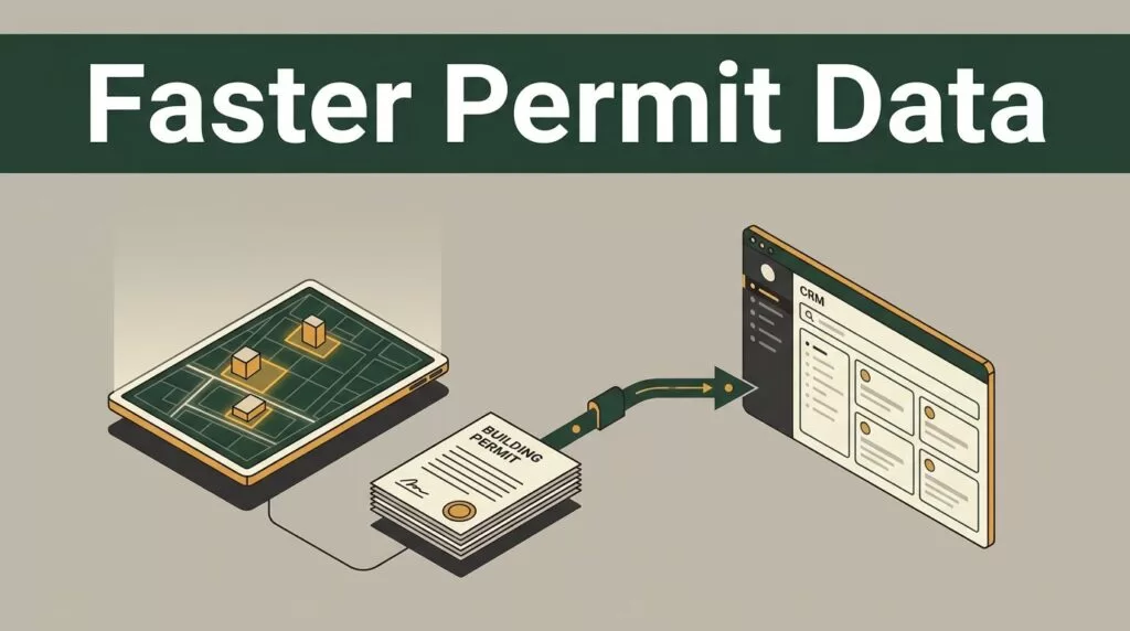 Property map, permit documents, and data pipeline leading to a CRM dashboard.