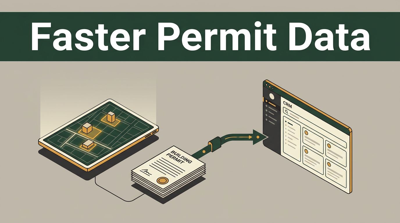 Property map, permit documents, and data pipeline leading to a CRM dashboard.