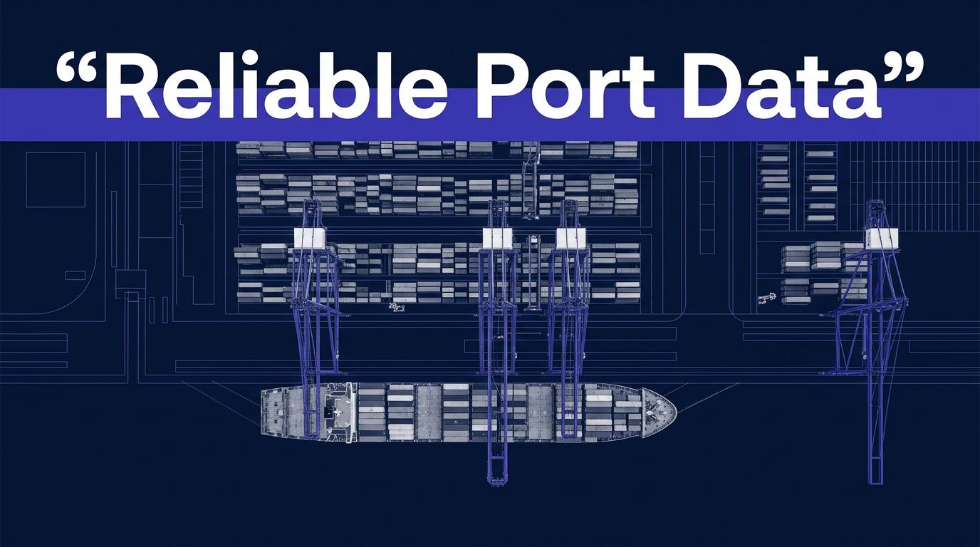 A container port with cranes, stacked boxes, and a ship on a marked route.