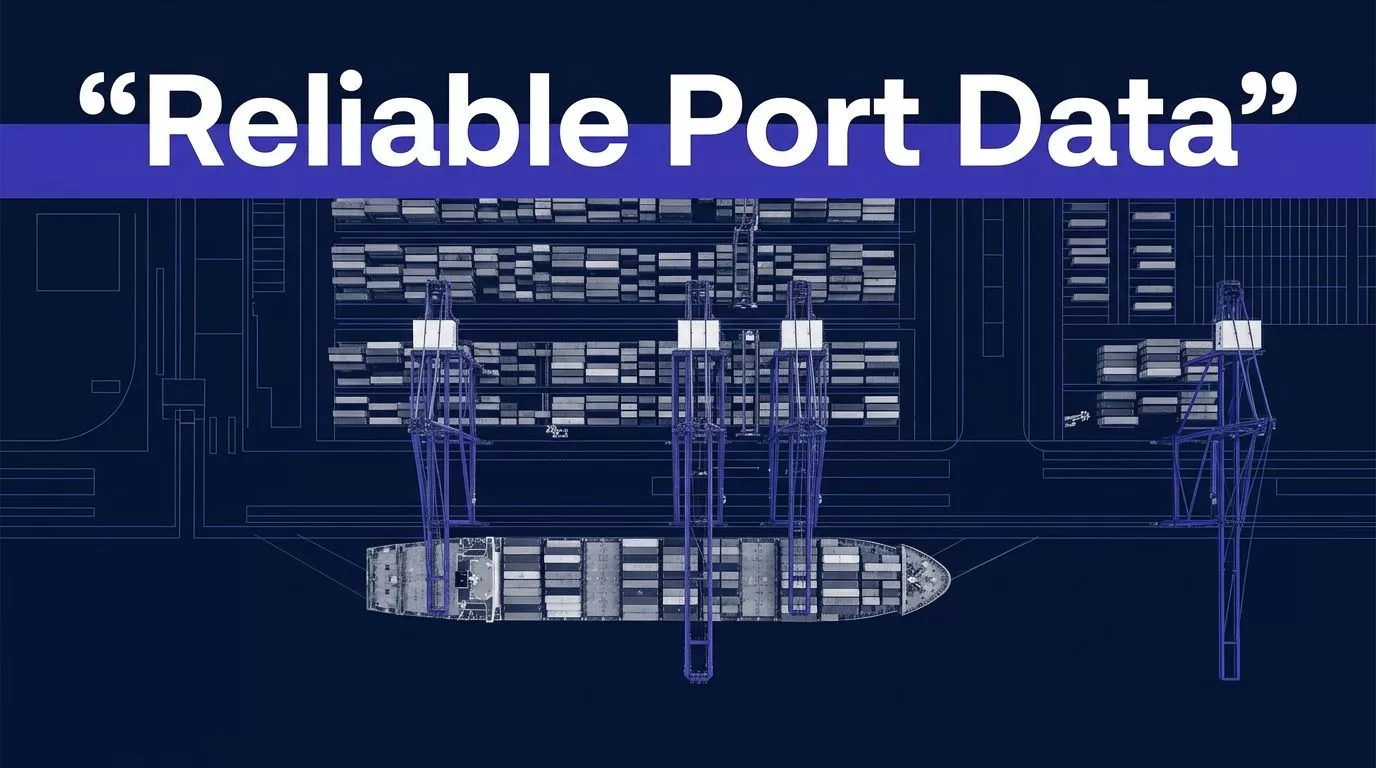 A container port with cranes, stacked boxes, and a ship on a marked route.