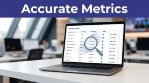 Laptop showing verified publication metrics with source cards and a magnifying glass.