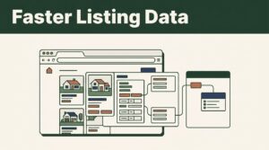 A browser window shows property listings flowing into a connected data workflow.