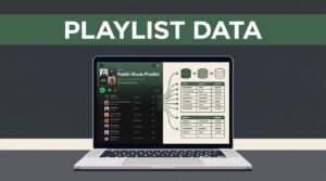 Laptop showing a music playlist becoming organized data rows.