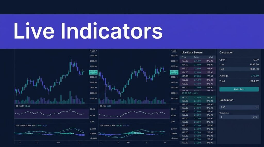 Navy dashboard showing candlestick charts, RSI, MACD, and a live data stream.
