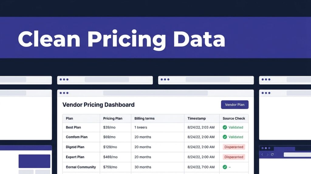 Pricing panels show vendor plans, billing terms, timestamps, and green validation checks.