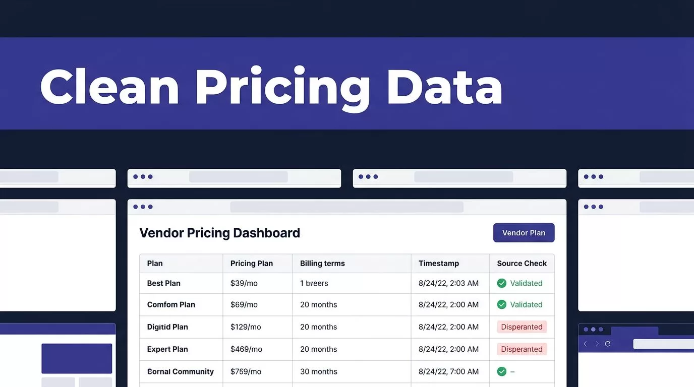 Pricing panels show vendor plans, billing terms, timestamps, and green validation checks.