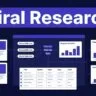 A navy research dashboard with content cards, charts, tags, and a central data table.